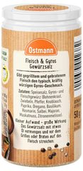 Ostmann Gewürze - Fleisch & Gyros Gewürzsalz | Pikantes Gewürz mit mediterraner Note für ggrilltes und gebratenes Fleisch | Mit praktischem Streuaufsatz | 50 g en un colador