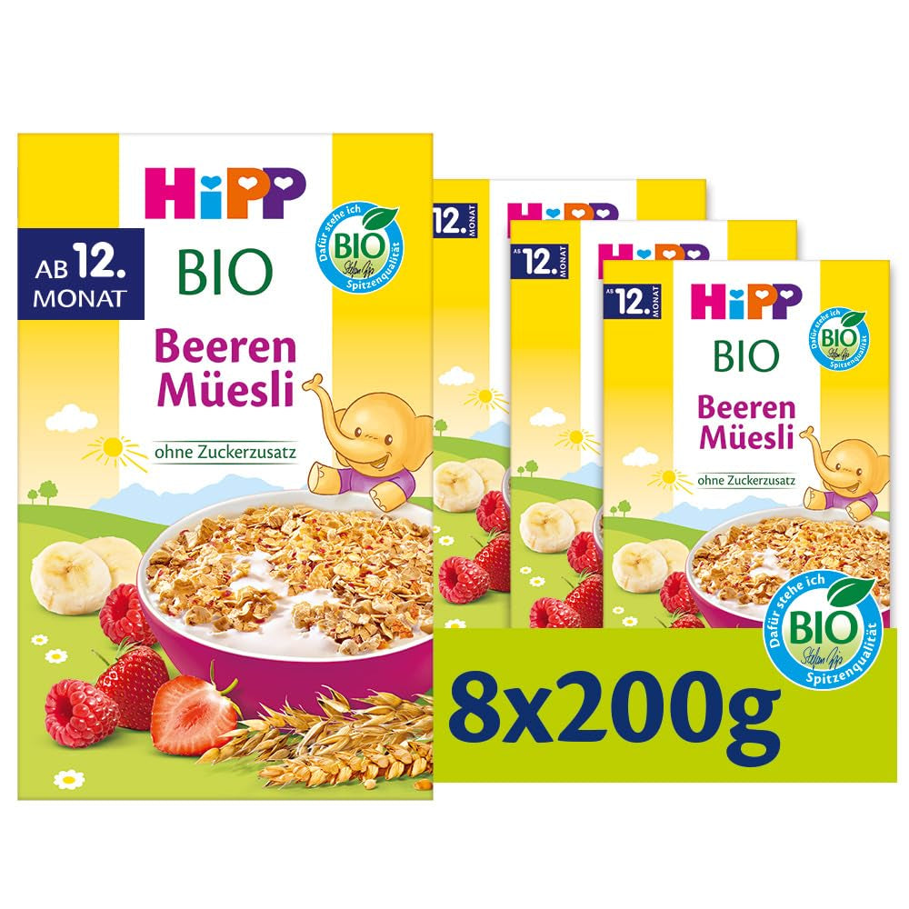 HiPP Bio Beeren-Müesli (8 x 200 g), ab 12. Monat, ohne Zuckerzusatz, besonders fine Stückchen - leicht zu Chechen, in bester Bio-Qualität