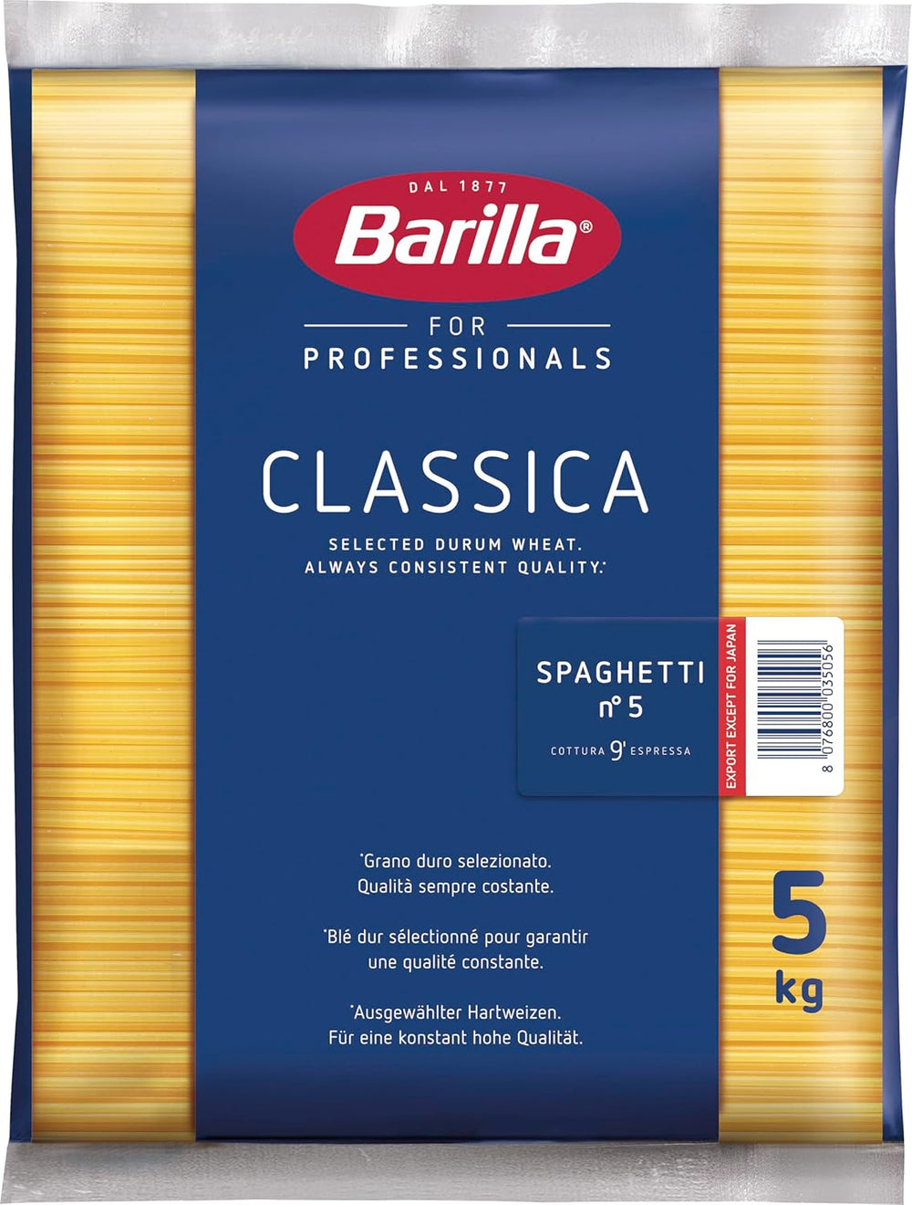 Pasta de espagueti de trigo duro Barilla núm. 5 – Paquete de 1 (1x5kg)