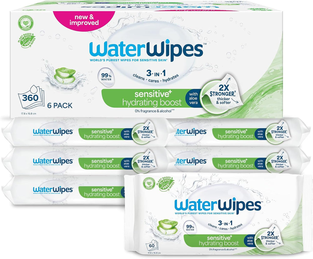 Toallitas húmedas WaterWipes Sensitive+ Hydrating Boost, toallitas hidratantes, 360 piezas (paquete de 6), 3 en 1 limpieza, cuidado, hidratación, 99% agua de aloe vera, toallitas para bebés sin perfume