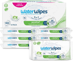 Toallitas húmedas WaterWipes Sensitive+ Hydrating Boost, toallitas hidratantes, 360 piezas (paquete de 6), 3 en 1 limpieza, cuidado, hidratación, 99% agua de aloe vera, toallitas para bebés sin perfume