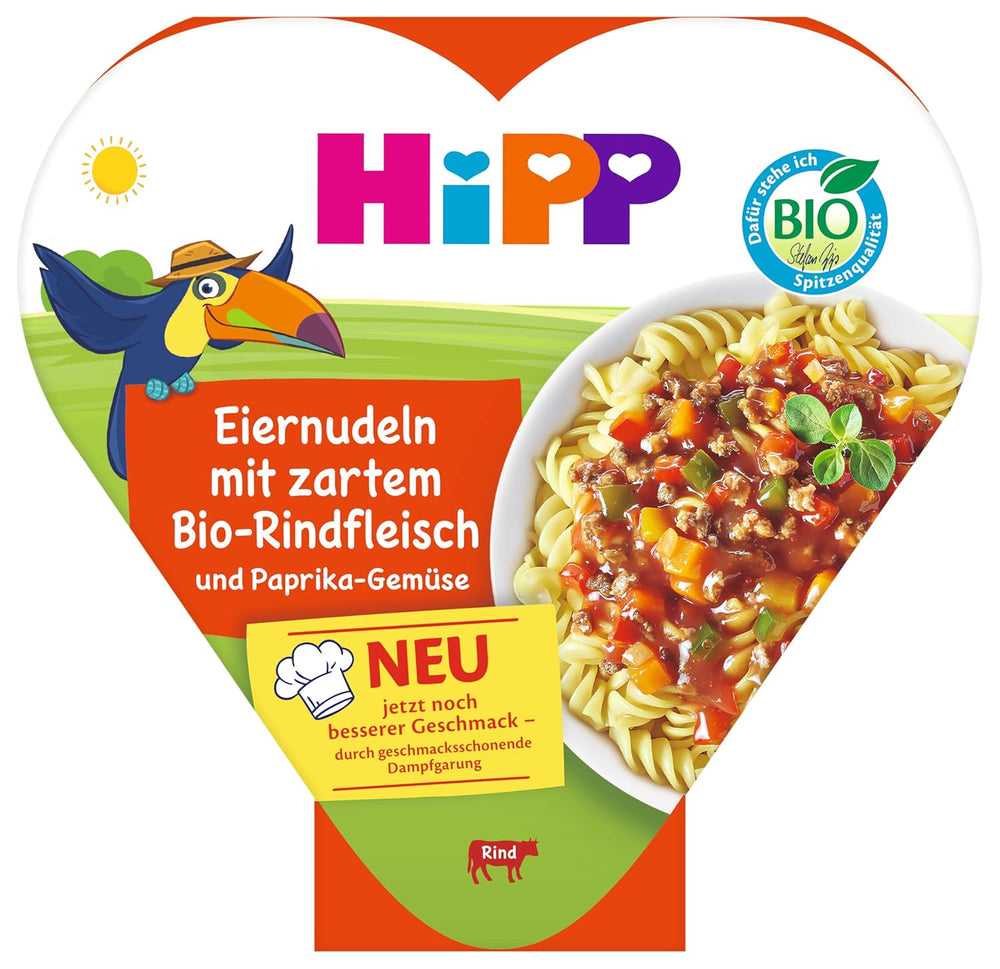 Fideos de huevo orgánicos HiPP con carne tierna orgánica y verduras con pimiento morrón (6 x 250 g), comida