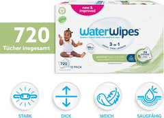 WaterWipes Sensitive+ Toallitas húmedas para bebés y niños pequeños, 720 unidades (paquete de 12), limpieza, cuidado, protección 3 en 1, 99,9% agua, limpieza texturizada, sin fragancia