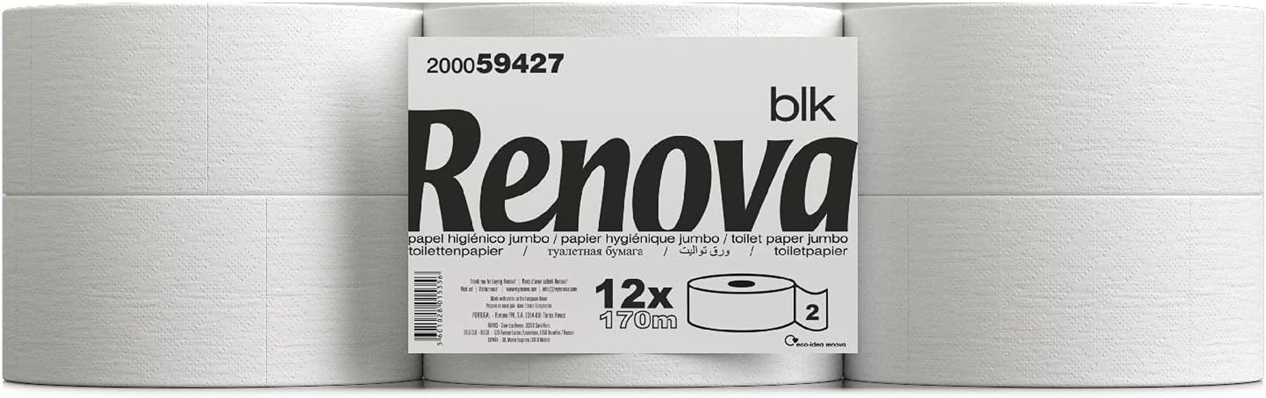 Hârtie igienică Renova Jumbo BLK, 12 role la 170 M, hârtie albă, 2 straturi