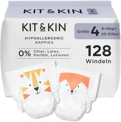 Kit & Kin Pañales Premium, tamaño 4 (9-14 kg), 128 unidades, a base de plantas e hipoalergénicos, protección confiable contra fugas, veganos y libres de crueldad