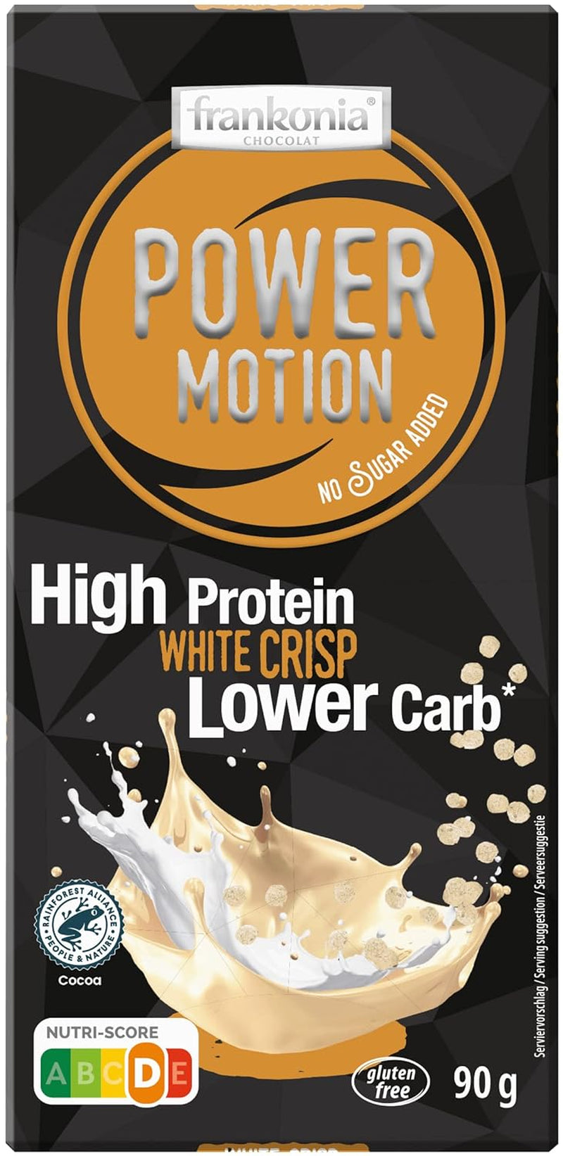 frankonia CHOCOLAT POWER MOTION fără zahăr adăugat - Ciocolată albă crocantă cu conținut ridicat de proteine și conținut scăzut de carbohidrați, 90 g