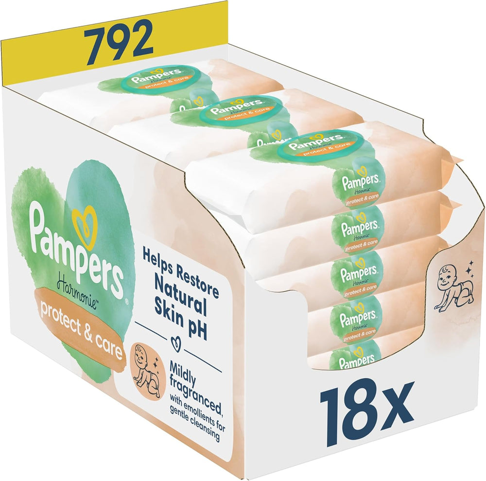 Toallitas húmedas Pampers Harmonie Protect & Care, 18 paquetes de 44 toallitas cada uno = 792 toallitas que ayudan a restaurar el equilibrio natural del pH de la piel.