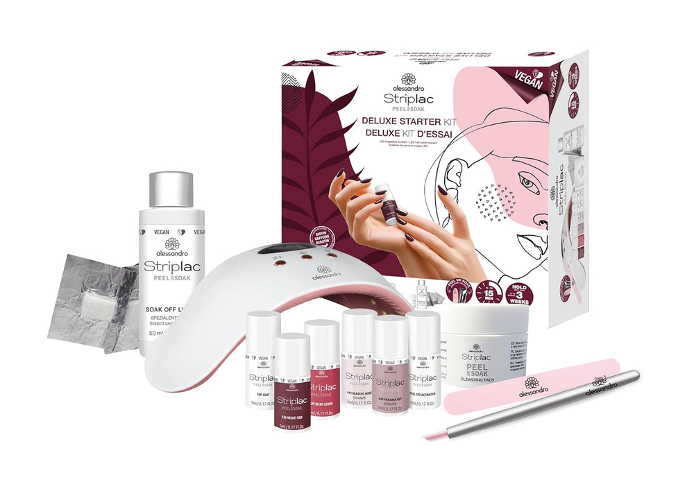 alessandro STRIPLAC PEEL OR SOAK DELUXE KIT - Set de esmaltes de uñas UV - Para una manicura profesional y delicada en 15 minutos - Vegano y libre de crueldad animal - Incluye lámpara LED