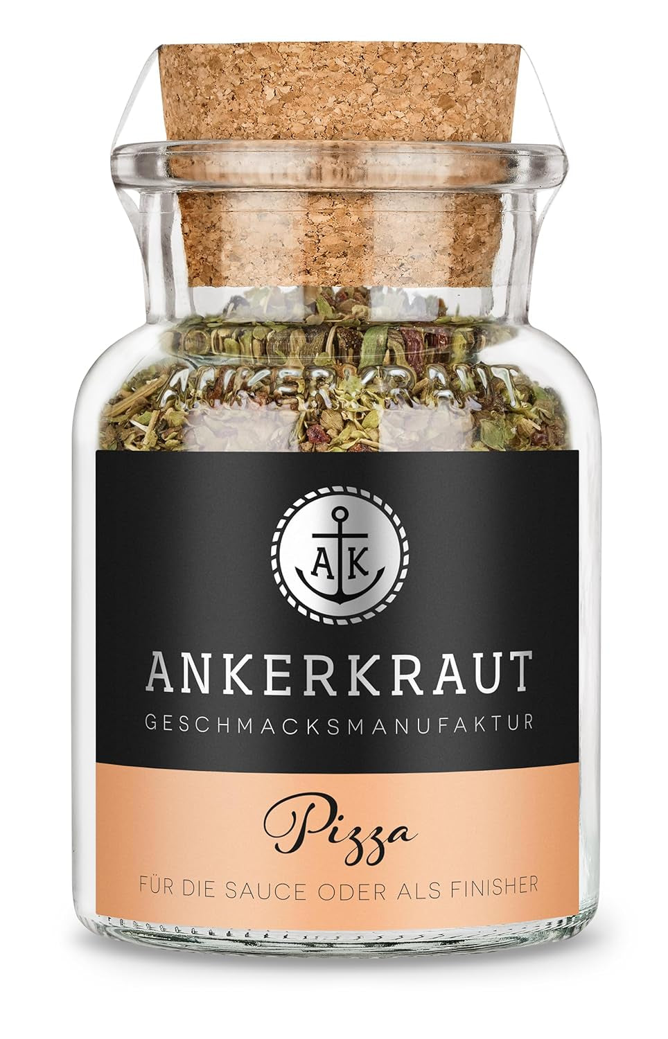 Pizza Ankerkraut, para el sabor italiano original, como la de Steinofen, también para pasta, tomate-mozzarella y muchos otros platos, 45 g en vaso de corcho