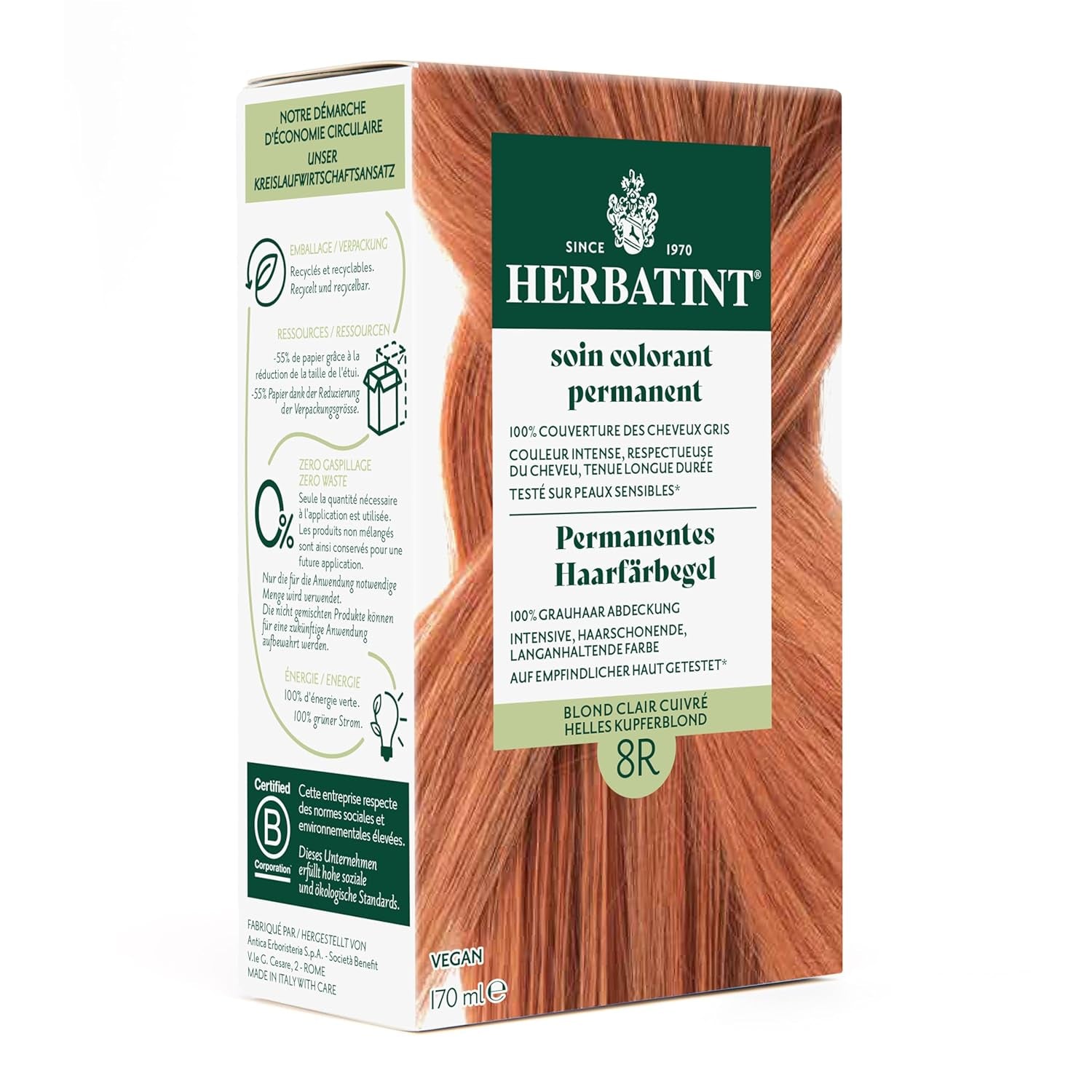 Gel pentru vopsirea permanentă a părului 6N blond închis - 170 ml I Fără amoniac, acoperire 100% a părului gri I Testat pe piele sensibilă, cu 8 extracte de plante Vopsea pentru par Naty Shop 8R Blond cupru deschis