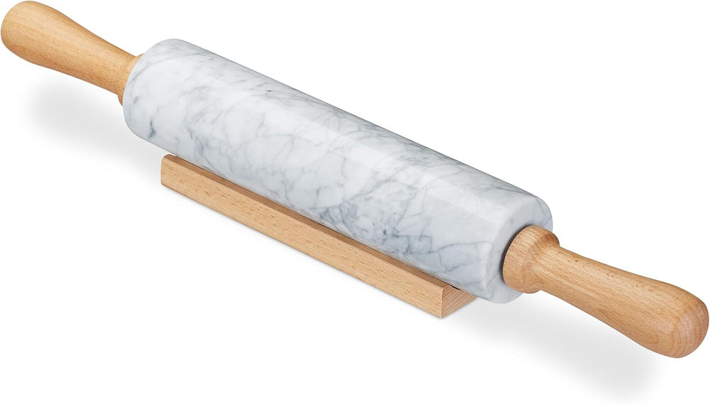 Relaxdays Sucitor de aluat din marmură, mânere din lemn, rolă de copt rezistentă, 48 cm, alb
