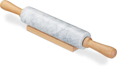 Relaxdays Nudelholz Marmor, Griffe aus Holz, Teigroller zum Kochen & Backen, mit Ablage, 48 cm, schwere Backrolle, blanco
