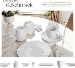 Set de veselă tectake® pentru 12 persoane, set de veselă din porțelan cu 100 de piese, inclusiv 12 farfurii, 12 farfurii de desert, 12 farfurii de sumă, 12 cești, 12 boluri pentru cereale, bol pentru salată, ulcior de lapte, zaharniță