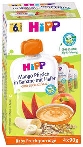 Hipp squeeze bolsitas para bebés, papilla de frutas, melocotón mango en plátano con avena, fruta 100% ecológica sin azúcares añadidos, 4 x 4 bolsas de 90 g Madre e Hijo Naty Shop 16 x 90 gramos Papilla de frutas mango melocotón en puré de plátano con avena