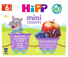 HiPP Mini Postre Ecológico con Arándanos y Granada en Sabor Manzana (pack de 6 x 4 x 100g), a partir de 6 meses, en prácticos vasitos, sin azúcares añadidos, la mejor calidad ecológica