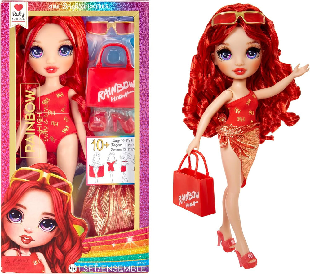 Rainbow High Swim & Style - Ruby (Roșu) - Păpușă de 28 cm cu Pareo Strălucitor, peste 10 Moduri de Purtare - Costum de baie detașabil, Sandale, Accesorii de Joacă - Jucărie - Ideală pentru Vârste 4-12 ani