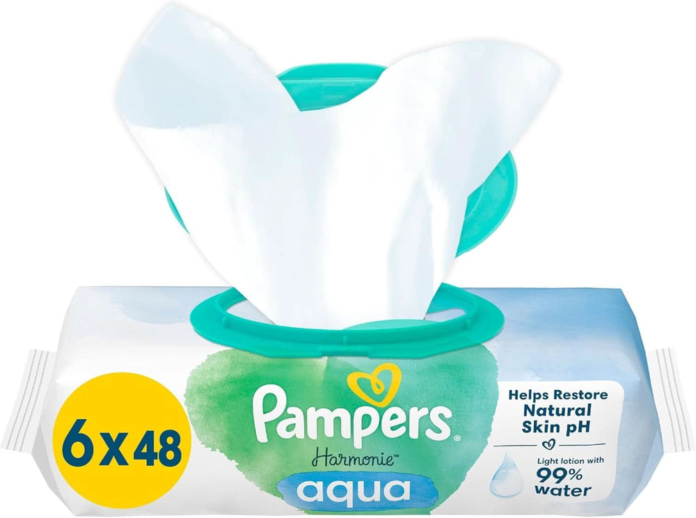 Pampers Harmonie Aqua Feuchttücher 6 Packungen Mit Jewelils 48 Feuchttüchern - 288 Feuchttücher, Die Helfen, Den Naturichen Ph-Wert Der Haut Wiederherzustellen, Leichte Lotion Mit 99% Wasser Naty Shop Alt