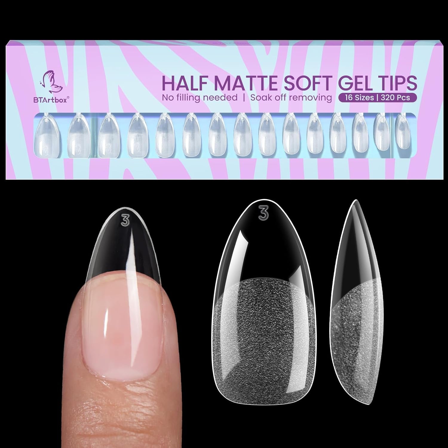 Btartbox Tipuri de Unghii Extra Scurte, Model Migdala – Acoperire Completă cu Gel X Tipuri de Unghii XS Moi pentru Unghii cu Gel – Preformate, Semi-mate, pentru Unghii Late, Salon, 320 Bucăți