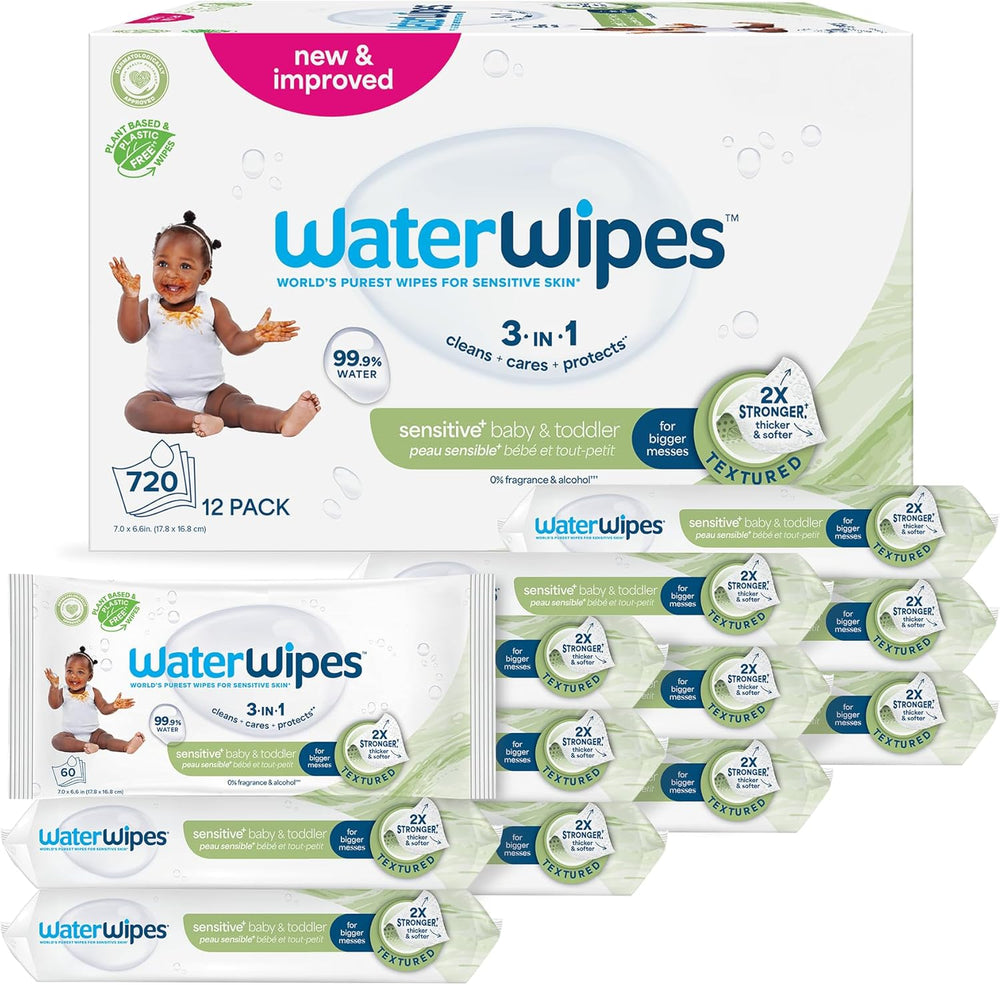 WaterWipes Sensitive+ Toallitas húmedas para bebés y niños pequeños, 720 unidades (paquete de 12), limpieza, cuidado, protección 3 en 1, 99,9% agua, limpieza texturizada, sin fragancia