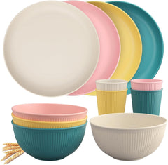 Set de veselă din plastic Tanice, 12 piese, farfurii și boluri, set de veselă pentru copii pentru 4 persoane, set de veselă din plastic cu farfurii, boluri și căni pentru bucătărie, camping în aer liber