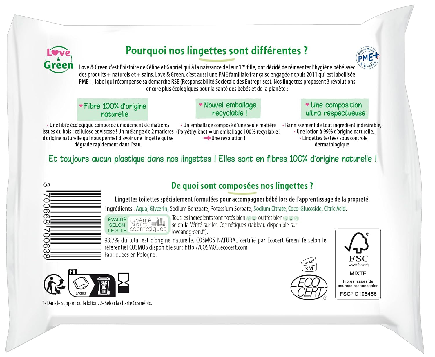 Șervețele igienice ecologice - pachet de 55 de șervețele - certificate Cosmo Natural de către ECOCERT și FSC