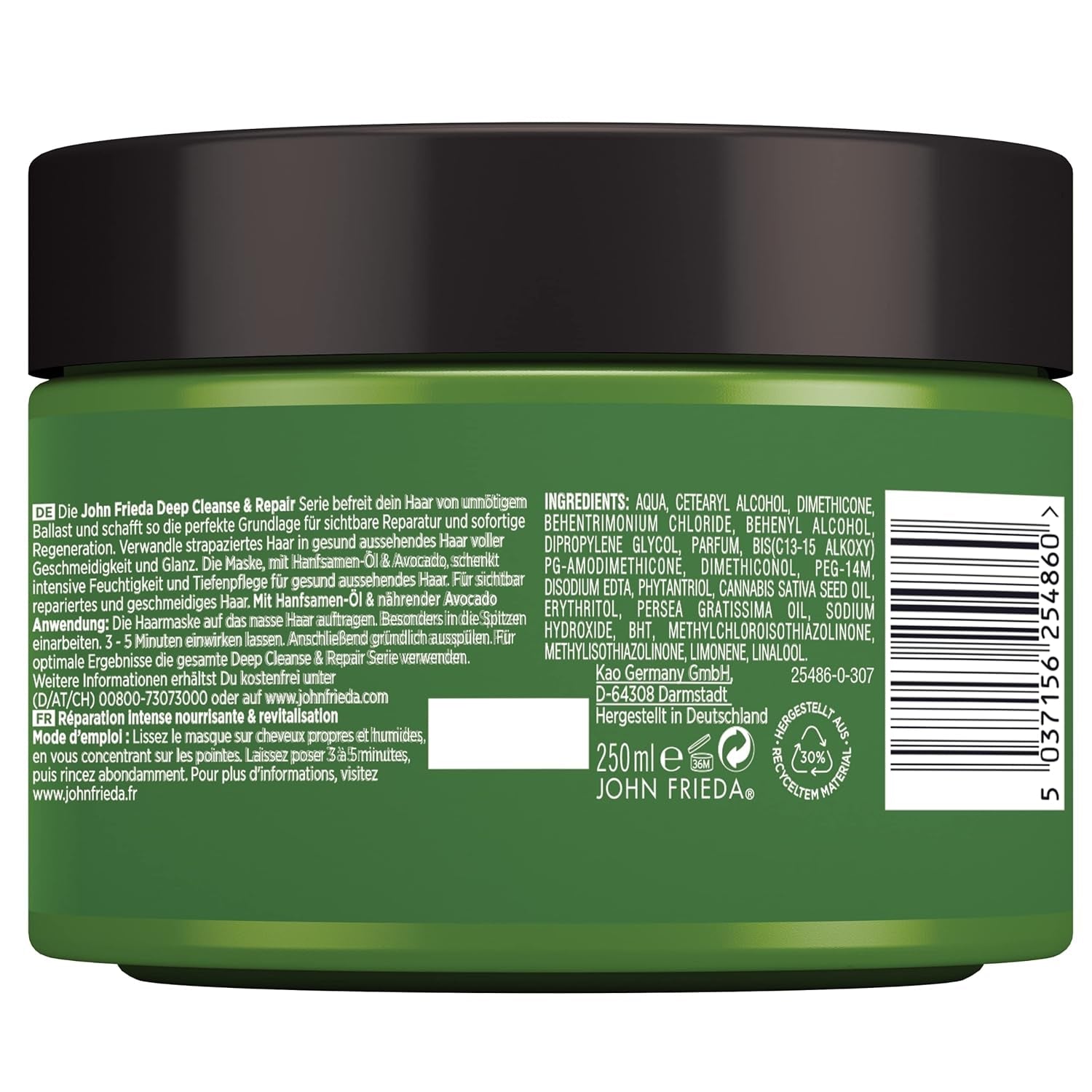 John Frieda - Deep Cleanse & Repair Mask / Treatment - Conținut: 250 ml - Cu ulei de semințe de cânepă + avocado hrănitor - Mască de păr calmantă pentru părul deteriorat Masca de par Naty Shop