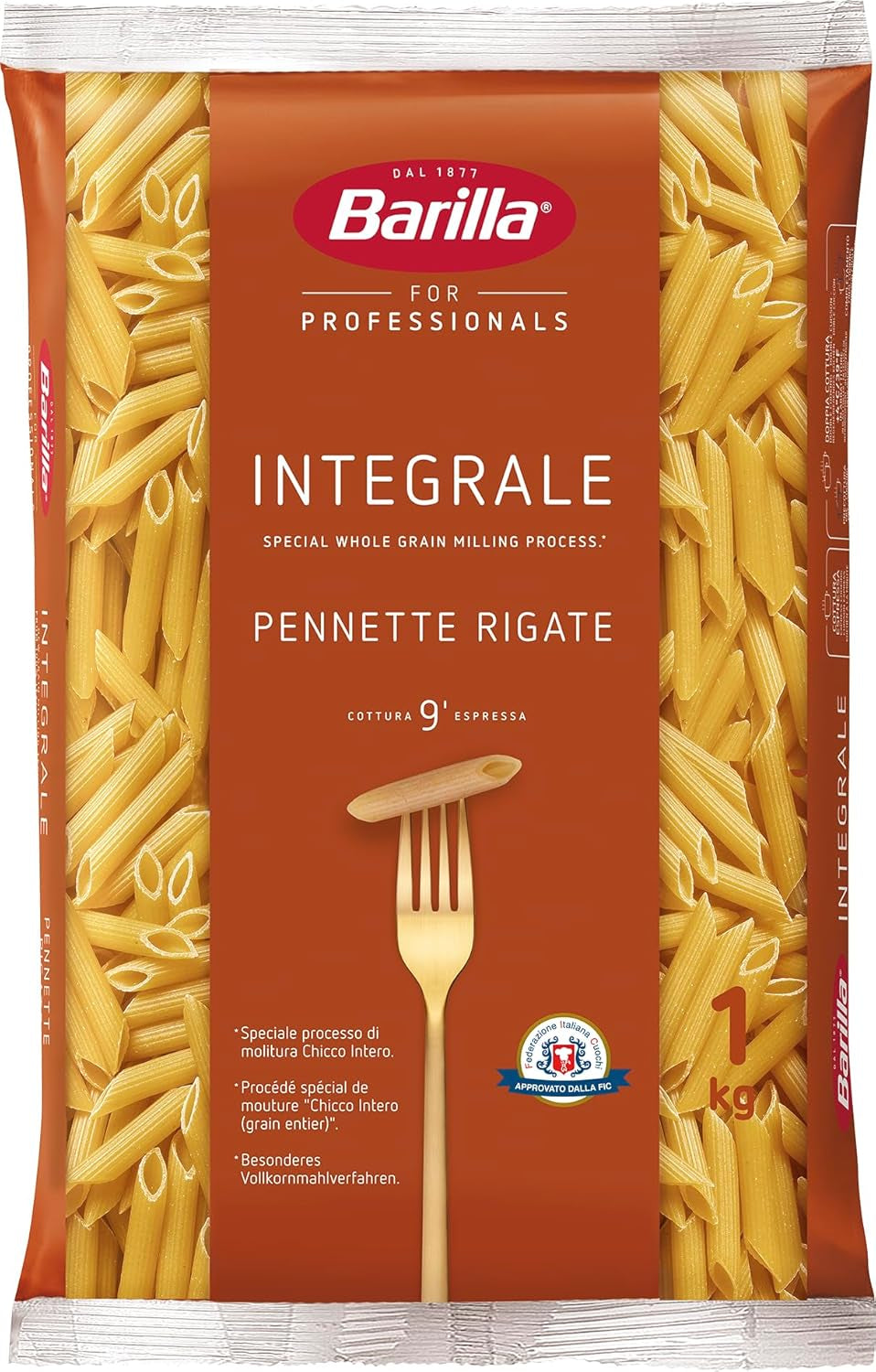 Pasta integral Barilla Pennette Rigate, paquete de 9 (9 x 1 kg)