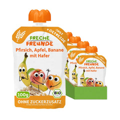 FRECHE FREUNDE Melocotón, Manzana, Plátano, Avena, Puré de Frutas Orgánicas con Cereales en una Bolsa Exprimible para Bebés a Partir de 6 Meses, Vegano, Paquete de 6 (6 x 100 g)