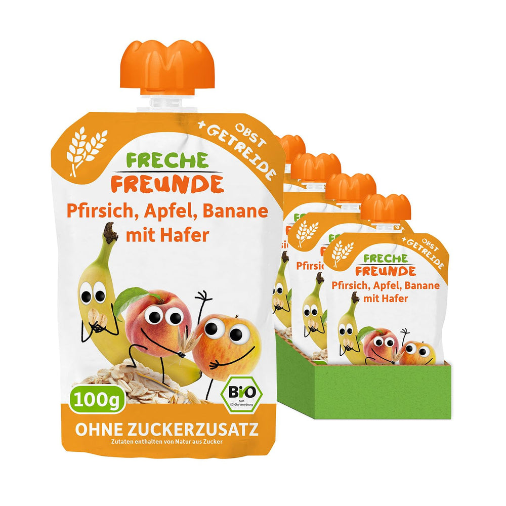 FRECHE FREUNDE Melocotón, Manzana, Plátano, Avena, Puré de Frutas Orgánicas con Cereales en una Bolsa Exprimible para Bebés a Partir de 6 Meses, Vegano, Paquete de 6 (6 x 100 g)
