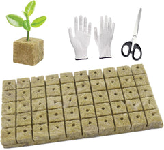 50 Piezas Estera de Cultivo de Lana Mineral, Cubo de Lana Mineral, Aislamiento de Lana Mineral, Estera de Cultivo de Lana Mineral con Tijeras y Guantes para Cultivo sin Suelo, Hidroponía y Trasplante