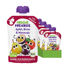 FRECHE FREUNDE Bio Quetschie Apple, Birne & Maracuja, Fruchtmus mit Obst im Quetschbeutel für Babies from 6. Month, vegan, 6er Pack (6 x 100g)