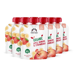 Mamá Osita, puré orgánico de diferentes frutas, set 6 x 90 gramos Madre e Hijo Naty Shop 6 x 90 gramos Manzanas, plátanos y fresas