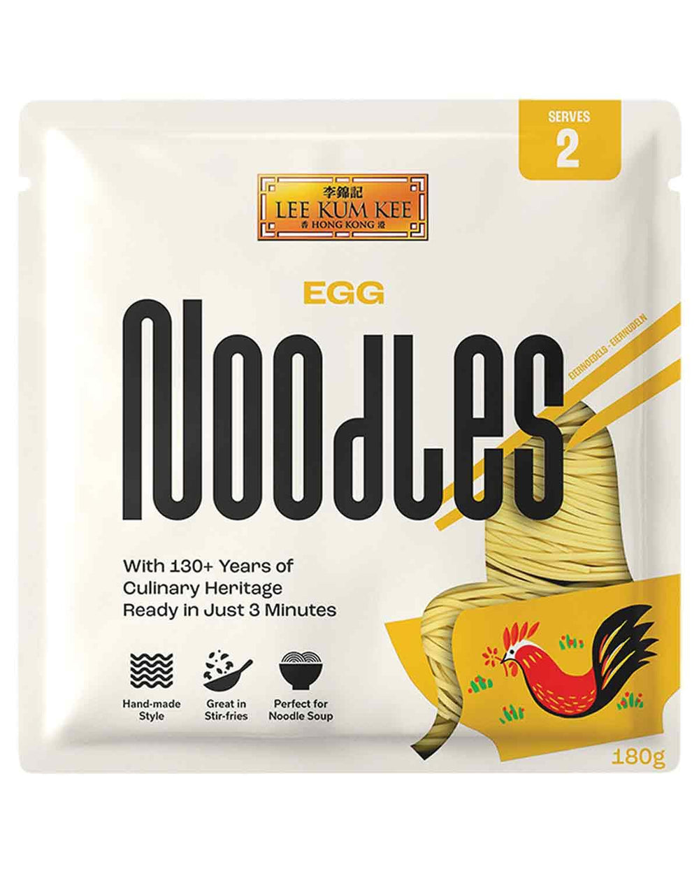 LEE KUM KEE Egg Noodles - Fideos asiáticos al huevo, los clásicos para platos y sopas al wok, fideos semisecos, listos en 3 minutos, dos porciones por paquete, multipack de 6 x 180 g