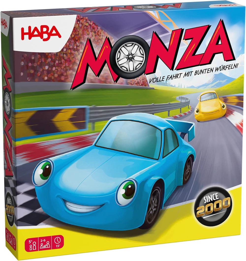HABA Monza - Juego de mesa rápido y juego de carreras de coches para niños a partir de 5 años - Con 6 coches de madera de colores y dados de colores - 2012226001