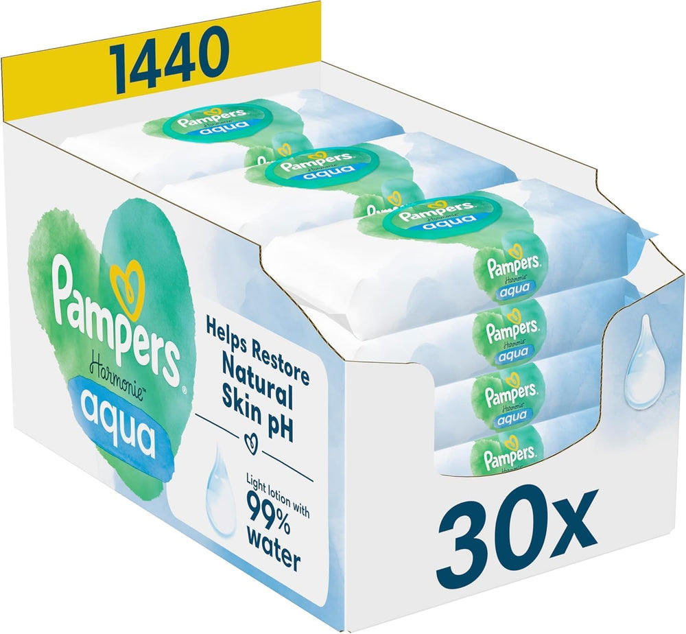 Pampers Harmony Aqua Baby Toallitas húmedas, caja, 1440 toallitas (15 x 96), protección suave para pieles delicadas con 99% de agua