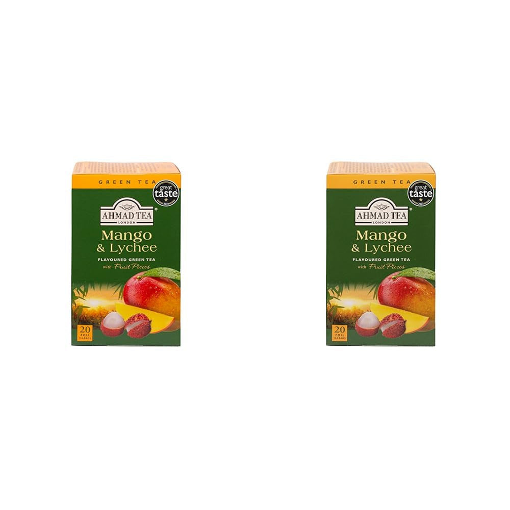 Ahmad Tea - Mango & Lychee - Ceai verde cu mango și litchi - Cu bucăți de fructe - Plicuri de ceai ambalate individual, cu aromă sigilată, cu 2 g de ceai per porție - 20 de pliculețe de ceai cu bandă (pachet cu 2)