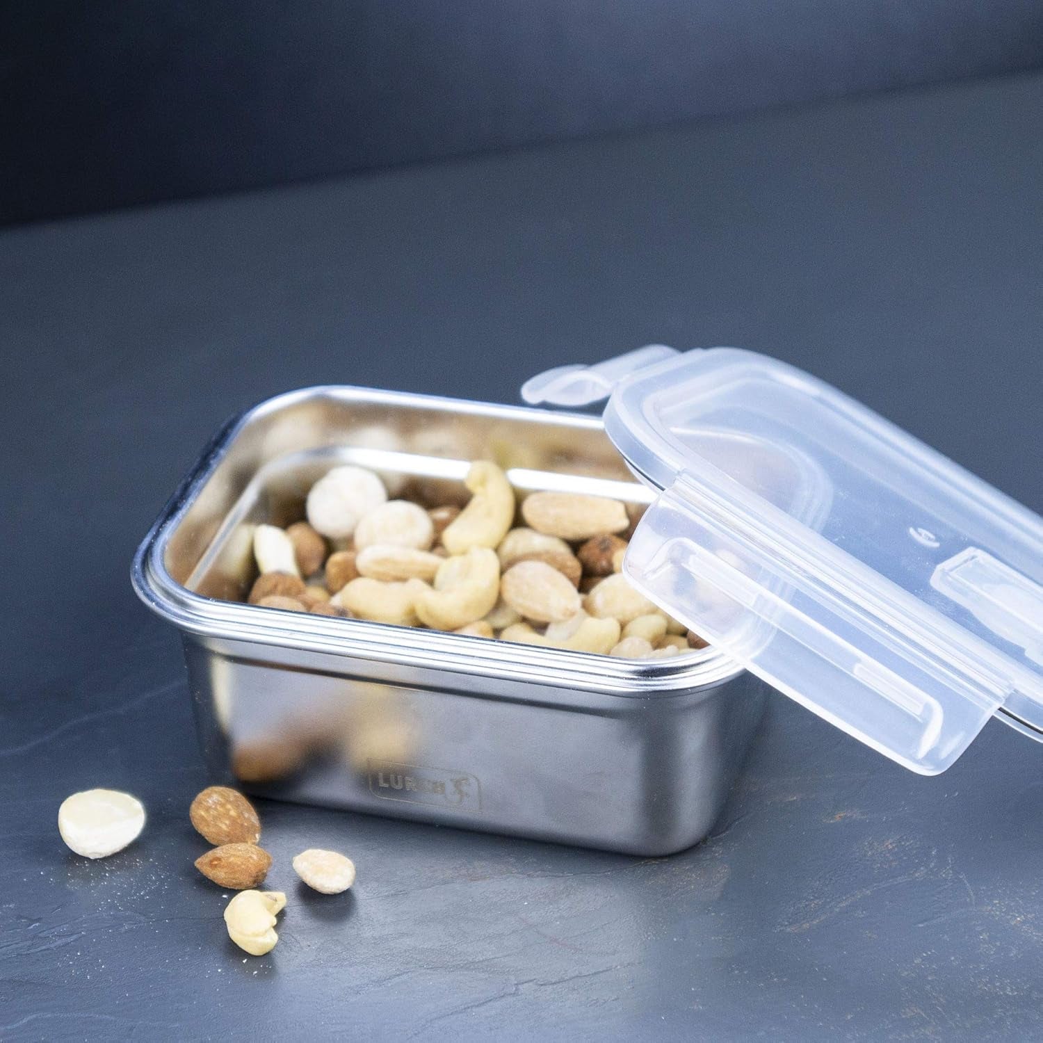 Lurch 240895 Cutie de prânz Cutie de siguranță/de depozitare din oțel inoxidabil de înaltă calitate cu capac din plastic fără BPA 2000ml, transparent Cutii depozitare alimente Naty Shop