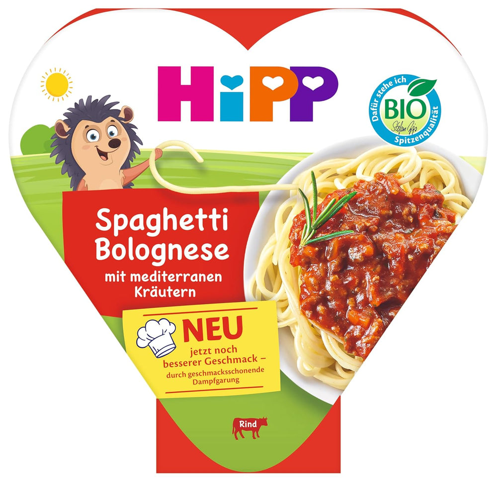 Espaguetis a la boloñesa ecológicos HiPP con hierbas mediterráneas (6 x 250 g), aptos para niños a partir de 1 año, ligeramente cocidos al vapor, condimentados para niños, calidad ecológica