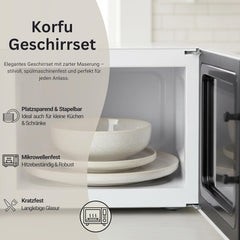 SÄNGER | Set de veselă Corfu cu 24 de piese, serviciu de cină pentru 8 persoane, ceramică lucrată manual, set de farfurii care include farfurii de cină, farfurii de desert și farfurii de sumă, veselă de culoare crem cu textură nisipoasă