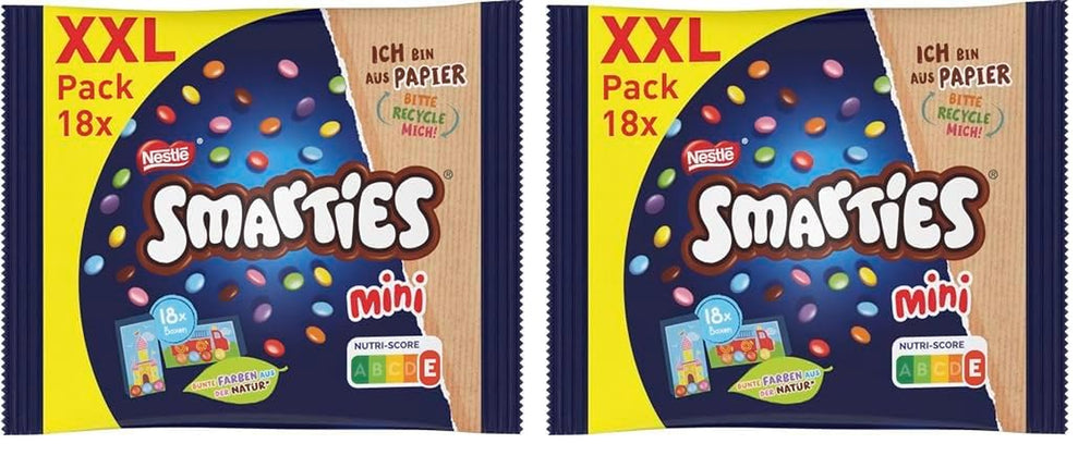 Nestlé SMARTIES Bolsitas Mini XXL, Lentejas Color Chocolate, Ideal para Compartir y Disfrutar con Familiares y Amigos, Colores Naturales, Envase Reciclable, Paquete de 2 (1 x 259g)