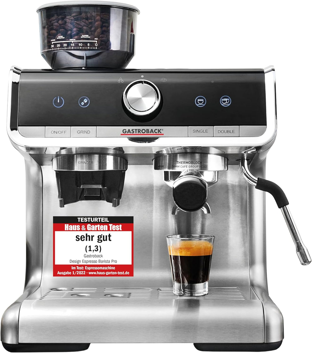 Espressor GASTROBACK cu râșniță, inclusiv ulcior de lapte, pressor și portafiltru din oțel inoxidabil - Espressor Barista cu spumator de lapte - Espressor cu 30 de setări de măcinare