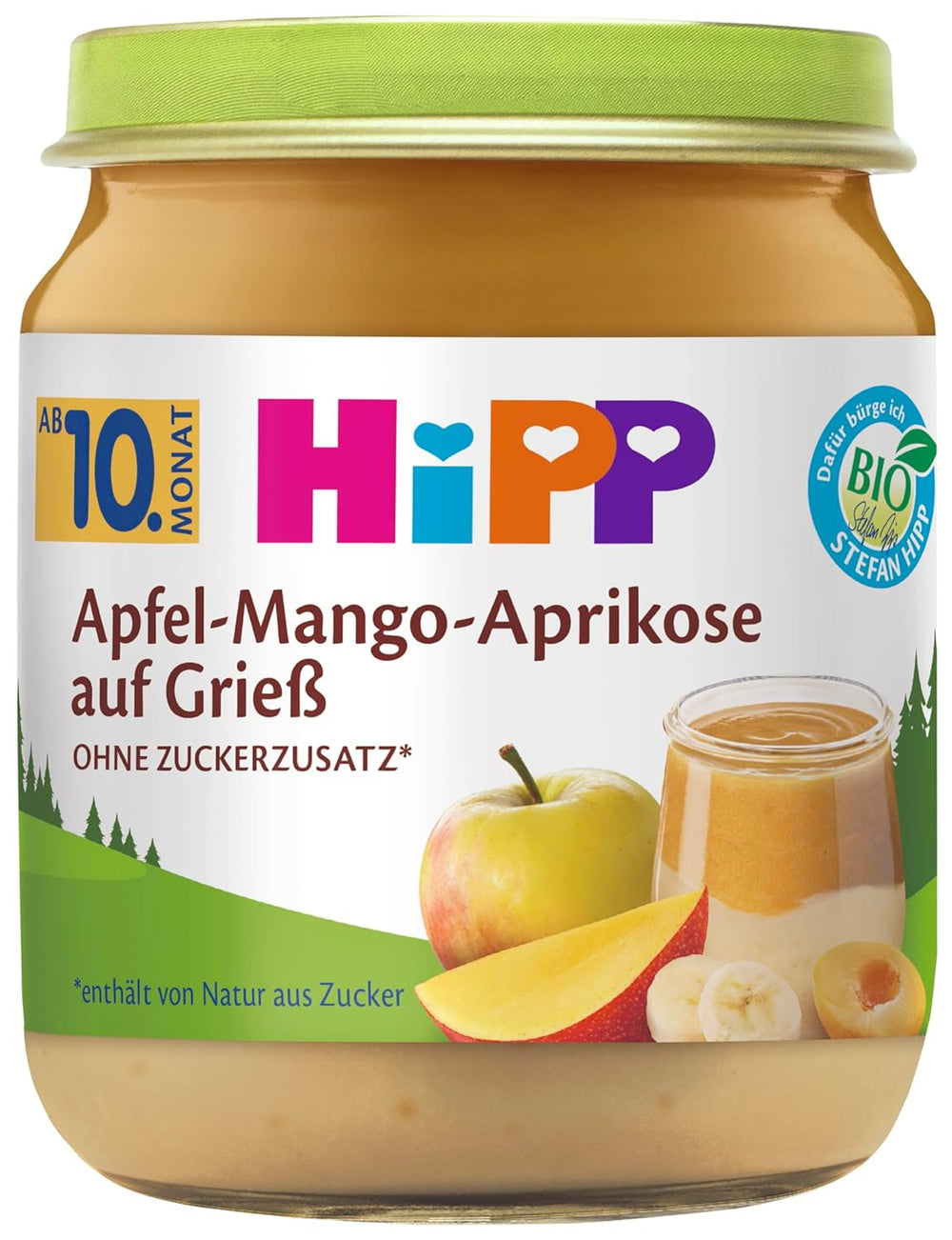 HiPP Manzana-Mango-Albaricoque Ecológico sobre sémola (6 x 200g), a partir de 10 meses, sin azúcares añadidos, de la mejor calidad ecológica