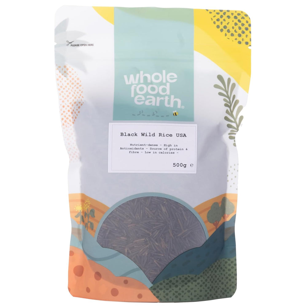 Wholefood Earth USA Arroz Salvaje Negro - Sin OGM - Natural - Vegano - Sin Lácteos - Sin Azúcar Añadido, 500g