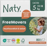 Pañales para bebé Naty FreeMovers | Fundas para pañales certificadas que no dañan la piel | Suave y sin fragancia | Absorbente y a prueba de fugas | Probado dermatológicamente Talla 5 (12–18 kg) | 80 piezas