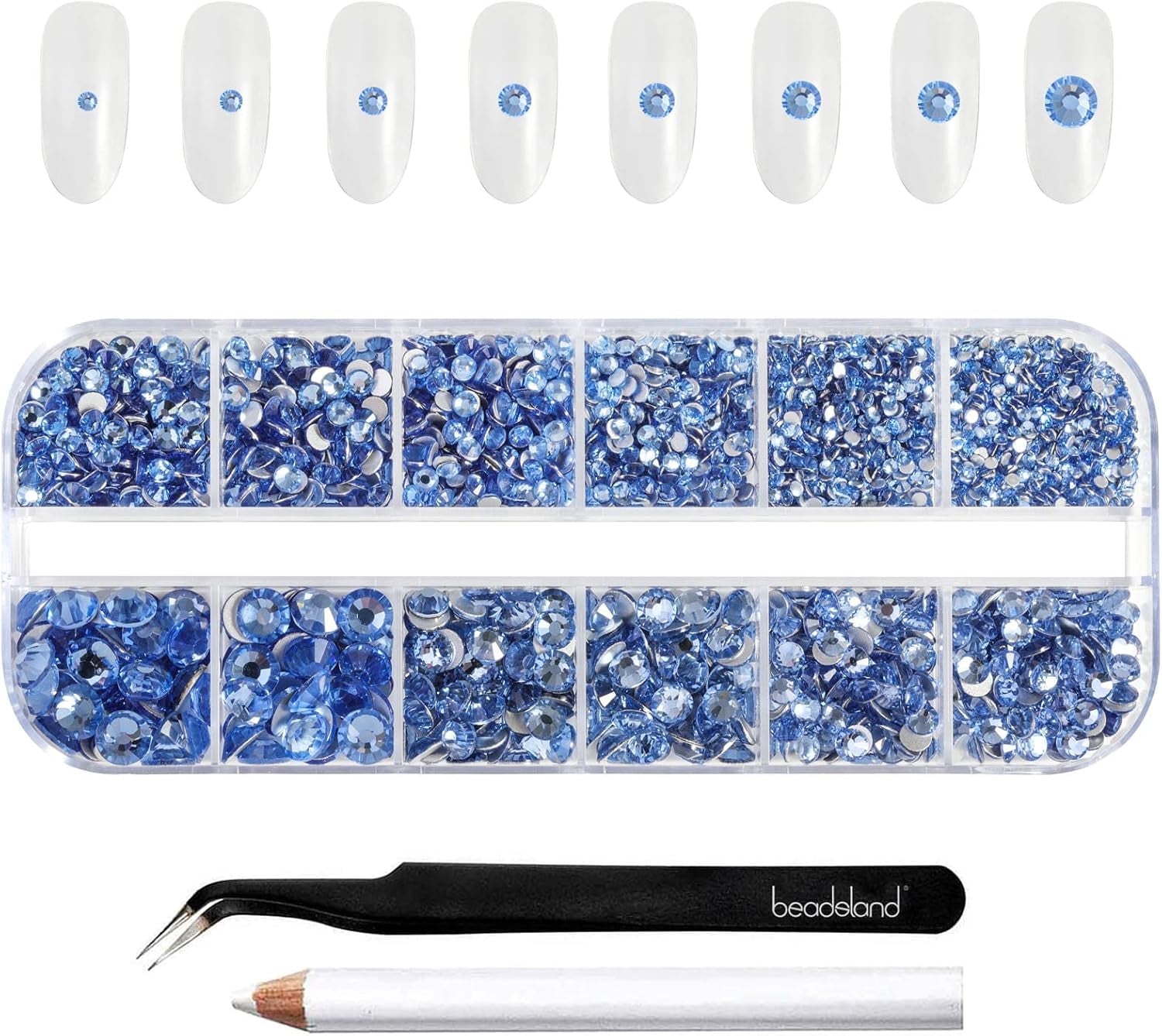 Beadsland 2500Pcs Glas Nailart Strasssteine Kristall Flatback Edelsteine Runde, Für Handwerk Gemischt 8 Größen SS4 ~ SS30 Mit Picking Pinzette Und Stift (Kristall Weiss)