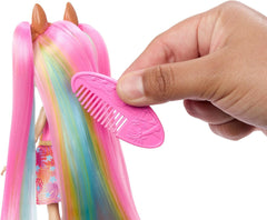 Păpuși Enchantimals, păpușă cu păr Sunshine Beach Deluxe și prieten animal, păpușă mică cu fustă detașabilă și accesorii, cadouri pentru copii, HTJ70 Papusi Naty Shop