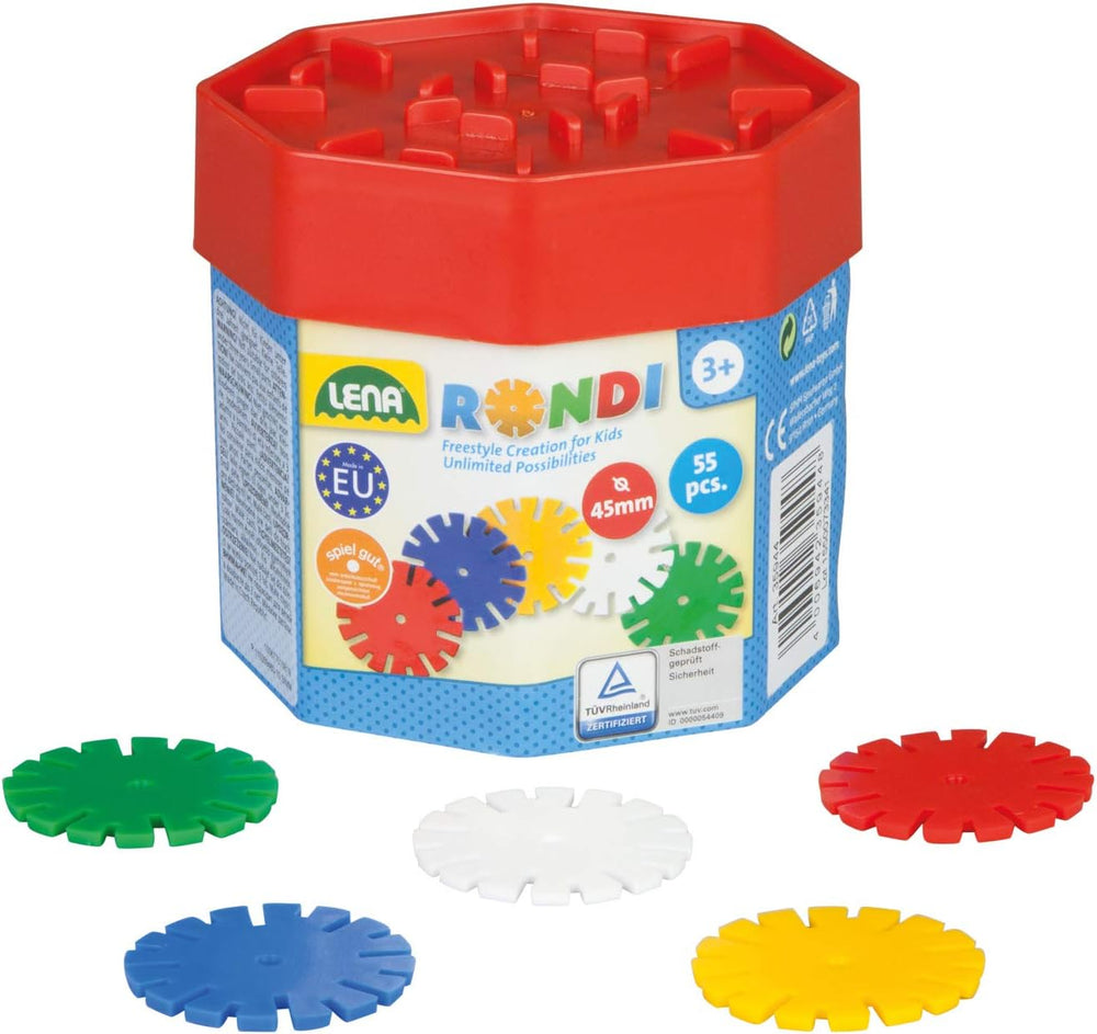 Lena 35946 Steckspiel Rondi 45 en Baudose, 55 Teile en bunten Farben, ca. 45 mm, de 3 años a 10 años, Konstruktionsspielzeug mit Steckteilen, Mehrfarbig