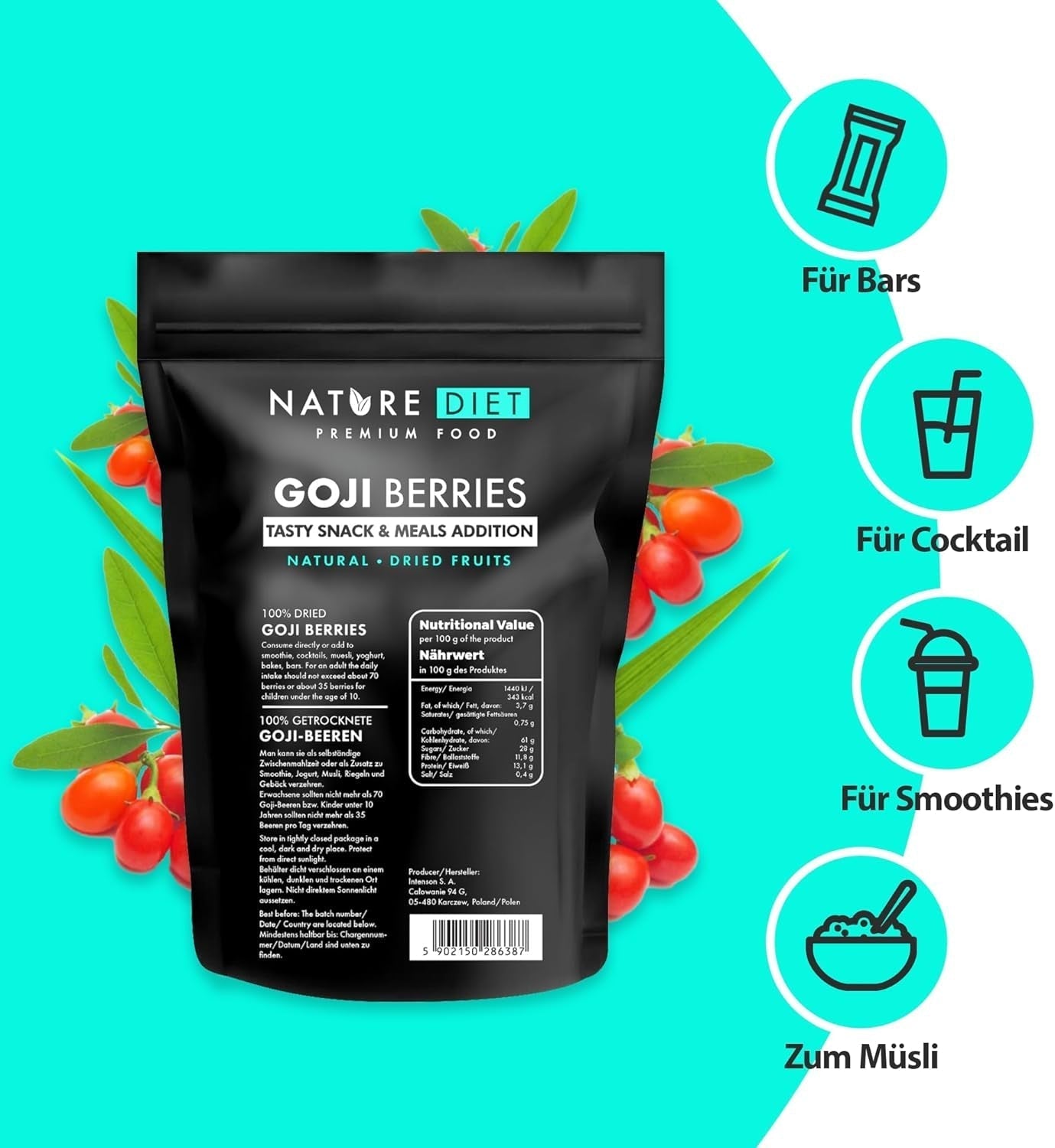Nature Diet - Goji berries 1000 g | Fructe de pădure uscate | Gustare sănătoasă Produse deshidratate Naty Shop