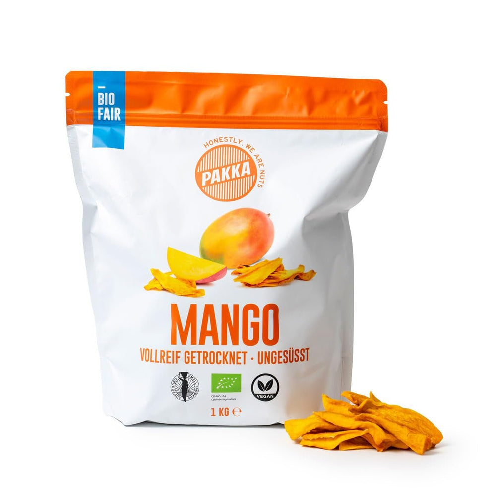 PAKKA organic fair trade mangoes 1kg, bucăți de mango uscate organic și corect, neîndulcite, nesulfurate, produse și umplute direct de producătorul din Columbia, vegan 1 kg (1 pachet) Produse deshidratate Naty Shop 1 kg (1 pachet)