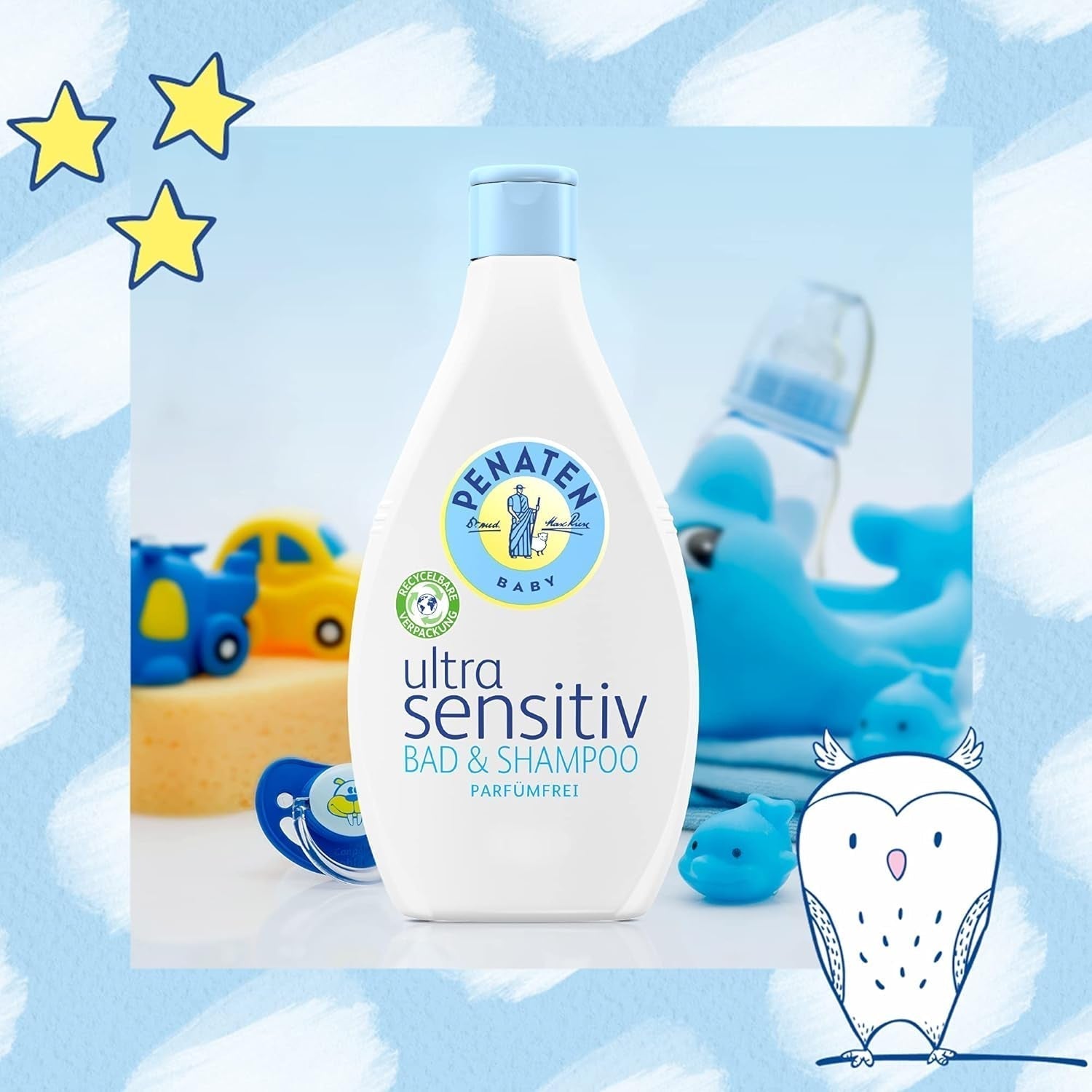 PENATEN Ultra Sensitive Bath & Shampoo (400 ml), baie și șampon pentru bebeluși deosebit de blând pentru pielea foarte sensibilă a bebelușilor predispuși la neurodermatită, gel de duș și șampon de păr fără parfum și coloranți Copii - Baie si Skincare Naty Shop
